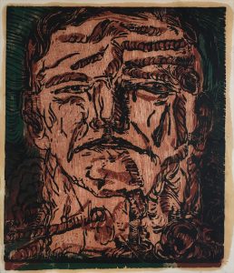 Georg Baselitz, "Großer Kopf", 1966, woodcut, printed with monotype in black on brown/green, 48,7 (63,7) x 39,8 (43,4) cm, ©Baselitz; Courtesy: Daniel Blau, Munich