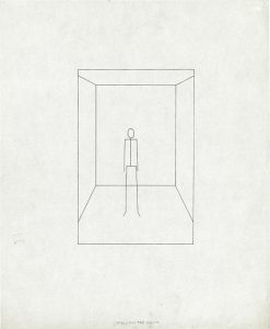 Matt Mullican, "Untitled (Smelling the Room)", 1975 rapidograph and photo copy on paper 43,1 x 35,4 cm, © Mullican; Courtesy: Daniel Blau, Munich