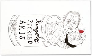 Neal Fox, "Kingsley Pickled Amis, Made in Clap …", 2008 ink on paper 25,5 x 41,6 cm, © Neal Fox; Courtesy: Daniel Blau, Munich