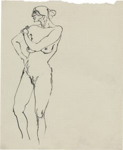 George Grosz, "Stehender Akt, Hand auf rechter Schulter", 1913/14, black ink (reed pen and pen) on squared math paper, 27,6 x 22,1 cm, © George Grosz, Courtesy Daniel Blau, Munich