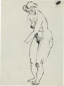 George Grosz, "Akt stehend, etwas gebeugt", 1913/14 black ink (reed pen and pen) and charcoal wash on paper 27,9 x 20,9 cm, © George Grosz, Courtesy Daniel Blau, Munich