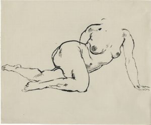 George Grosz, "Akt halb liegend, seitlich aufgestützt", 1913/14, black ink (reed pen and pen) and charcoal wash on squared, 22,5 x 27,5 cm, © George Grosz, Courtesy Daniel Blau, Munich