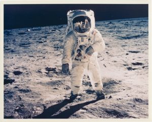 NASA · Apollo XI · Neil Armstrong, "Buzz Aldrin on the Moon", July 20, 1969, c-print on glossy fibre paper, printed in 1969, 19,2 (20,4) x 24,1 (25,3) cm, ©NASA; Courtesy: Daniel Blau, Munich