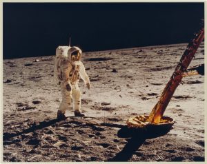 NASA · Apollo XI · Neil Armstrong, "Buzz Aldrin Stands Beside LM Footprint", July 20, 1969, c-print on glossy fibre Kodak paper, printed in 1969, 27,5 (28,2) x 34,6 (35,5) cm©NASA; Courtesy: Daniel Blau, Munich