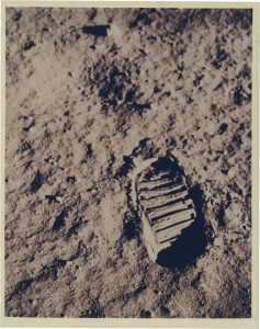 NASA · Apollo XI · Neil Armstrong, "Neil Armstrong's or Buzz Aldrin's Footprint", July 20, 1969, c-print on glossy fibre paper, printed in 1969, 24,5 (25,8) x 19,5 (20,5) cm, ©NASA; Courtesy: Daniel Blau, Munich