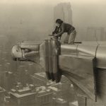 Oscar Graubner (under supervision of M. Bourke-White), Margaret Bourke-White Photographing from the Chrysler Building, 1934, warm-toned silver gelatin contact print on semi-matte double-weight fibre paper, printed by April 9, 1936, Oscar Graubner © The Life Images Collection/Getty Images