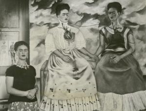 Unidentified Photographer, "Frida Kahlo and 'Las Dos Kahlos'", October 23, 1939, silver gelatin print on glossy fibre paper, printed by October 27, 1939, 16,6 (18,0) x 21,3 (22,9) cm, © Courtesy: Daniel Blau, Munich