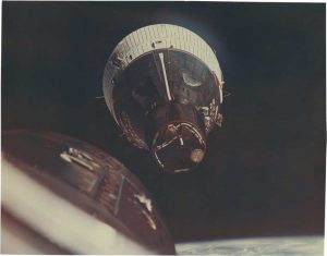 Nasa,Tom Stafford, "Gemini VI and VII, The first Rendezvous in Space", December 15, 1965, coated dye-transfer, mounted on original board, printed in 1965, 27,7 (40,6) x 35,0 (50,7) cm, ©NASA, Tom Stafford, Courtesy: Daniel Blau, Munich