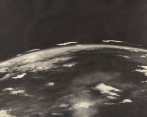 Nasa V2 Rocket, “Photo of Earth from the Thermosphere Taken by a Camera Attached to a V2 Rocket”, 1953, silver gelatin print on matte fibre paper, printed by Sep.2, 1953, 19,1 (20,2) x 24,1 (25,3) cm, ©NASA, Courtesy: Daniel Blau, Munich