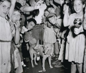 Weegee, "Victory Pup", August 14, 1945, silver gelatin print on glossy fibre paper, printed c. 1945, 16,7 (18,0) x 19,4 (22,7) cm, © Weegee / International Center of Photography, Courtesy: Daniel Blau