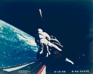 Gemini XI, "Gordon Astride the 'Agena' Vehicle”, September 13, 1966, c-print on glossy fibre paper, printed c. 1966, 19,6 (20,3)x24,4 (25,3) cm, © NASA Courtesy Daniel Blau Munich