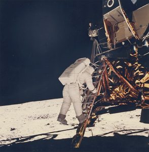 Apollo XI, "Buzz Aldrin Descending from LM Eagle”, July 20, 1969, c-print on semi-glossy fibre paper, printed c. 1969, 18,3 (20,3) x 17,8 (25,3) cm, ©NASA Courtesy Daniel Blau