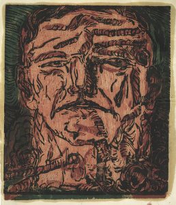 Georg Baselitz, "Großer Kopf”, 1966, woodcut, printed with monotype in black on brown/green on light brown on an unusually large sheet of an antique folio leaf, 48,7 (63,7) x 39,8 (43,3) cm, © Georg Baselitz