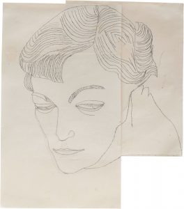 Andy Warhol, "n.t. (Male Head)”, c. 1952, graphite on paper (two sheets collaged together), 28,2 x 29,7 cm, ©Andy Warhol Artwork ©2019 The Andy Warhol Foundation for the Visual Arts, Inc. / Artists Rights Society (ARS) New York, courtesy Daniel Blau, Munich