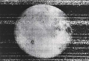 Roskosmos Luna 3, “First Picture of the Far Side of the Moon”, October 7, 1959, silver gelatin print on glossy fibre paper, printed c. 1959, 17,7 (18,6/25,8) x 12,2 (13/22) cm, © Roskosmos, Courtesy Daniel Blau, Munich