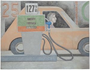 David Byrd, "Woman in Car, Filling Station”, c.1981, oil on canvas, 106,7 x 137,2 cm ©David Byrd, courtesy Daniel Blau Munich