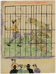 Fernand Guerle, "n.t. (The Lion Tamer)", 1937, drawing in black ink, pencil and colored pencil, 22,0 x 17,0cm, © Fernand Guerle, courtesy Daniel Blau Munich
