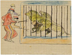 Fernand Guerle, "n.t. (Three Lions, a Tiger and Three Tamers)”, 1937, drawing in black ink, pencil and colored pencil, 17,0 x 22,0 cm © Fernand Guerle, courtesy Daniel Blau Munich