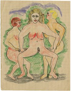 Fernand Guerle, "n.t. (Three Women)”, September 1937, drawing in black ink, pencil and colored pencil, 16,9 x 22,0 cm © Fernand Guerle, courtesy Daniel Blau Munich