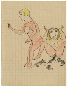 Fernand Guerle, "n.t. (Two Women and Four Rats)”, 1937, drawing in black ink, pencil and colored pencil, 22,0 x 16,9 cm © Fernand Guerle, courtesy Daniel Blau Munich