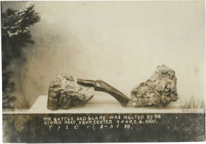 Unidentified Photographer, “This Bottle and Glars (sic) Was Melted by the Atomic Heat“, 1945