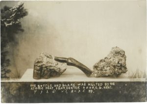 Unidentified Photographer, “This Bottle and Glars (sic!) Was Melted by the Atomic Heat”, 1945, silver gelatin print on matte fibre paper, 10,3 x 14,6 cm