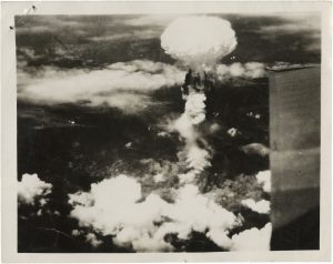 “Mushroom Cloud Over Nagasaki”, August 9, 1945, silver gelatin print on glossy fibre paper, vintage, 10,1 (9,2) x 12,8 (11,7) cm