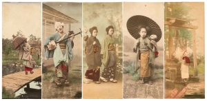 Unidentified Photographer, "Japanese Scenes", 1880, hand colored platinum paper prints, 1. 28,8 x 12 cm; 2. 29,7 x 12 cm; 3. 29,0 x 12 cm; 4. 28,8 x 11,9 cm; 5. 28,6 x 12,1 cm, © Unidentified Photographer, courtesy Daniel Blau, Munich