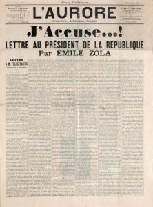 Front page cover of the newspaper L'Aurore for Thursday, January 13, 1898, with Émile Zola's open letter about the Dreyfus affair, source: Wikimedia Commons