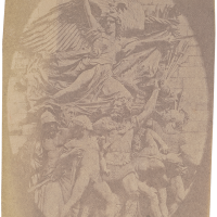 Louis Alphonse Poitevin, “Arc de Triomphe, Detail of François Rude’s ‘La Marseillaise'”, c. 1855, gold-toned salted paper print, insufficiently fixed, possibly experimental combination with chromium salts, 12,7 x 9,3 cm, © Daniel Blau, Munich