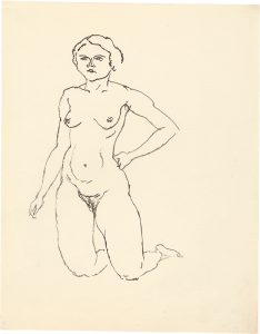 George Grosz, "Kniender Akt, Hand in die Hüfte gestemmt", 1912/13, black ink (pen) on paper with watermark: Erclass, 28,4 x 22,4 cm, © George Grosz, courtesy Daniel Blau, Munich