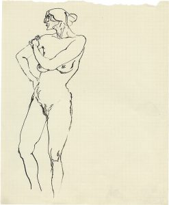 George Grosz, "Stehender Akt, Hand auf rechter Schulter", 1913/14, black ink (reed pen and pen) on sqared math paper, 27,6 x 22,1 cm, © George Grosz, courtesy Daniel Blau, Munich