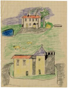 Fernand Guerle, "n.t. (Houses)", September 1937, black ink, pencil and colored pencil on graph paper, 22,0 x 16,9 cm, © Fernand Guerle, courtesy Daniel Blau, Munich