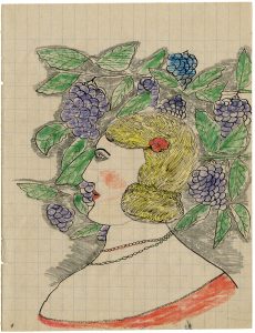 Fernand Guerle, "n.t. (Woman and Grapes)", 1937, black ink, pencil and colored pencil on graph paper, 22,0 x 17,0 cm, © Fernand Guerle, courtesy Daniel Blau, Munich
