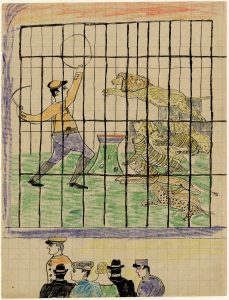 Fernand Guerle, "n.t. (The Lion Tamer)", 1937, black ink, pencil and colored pencil on graph paper, 22,0 x 17,0 cm, © Fernand Guerle, courtesy Daniel Blau, Munich