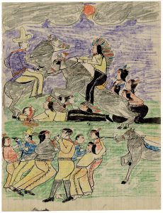 Fernand Guerle, "n.t. (Cowboys and Indians)", 1937, black ink, pencil and colored pencil on graph paper, 22,0 x 17,0 cm, © Fernand Guerle, courtesy Daniel Blau, Munich