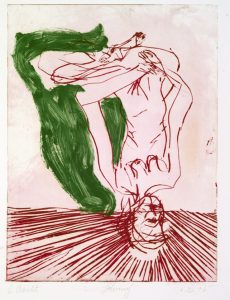Georg Baselitz, "n.t. (Weihnachtsgraphik 1996)", 1996, etching and monotype, 65,5 (91) x 50 (63) cm, © Georg Baselitz, courtesy Daniel Blau, Munich