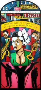 Neal Fox (*1981) "Billie Holiday", 2011, unique stained glass window (stained glass, lead and metal frame), 250x114 cm, ©Neal Fox