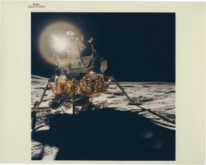 NASA · Apollo XIV · Alan B.Shepard, "LM ‘Antares’ at Fra Mauro Reflecting the Sun", February 5, 1971, color print on semi-glossy fibre paper, printed in 1971, 18,2 (20,1) x 17,7 (25,2) cm, © NASA, courtesy Daniel Blau, Munich