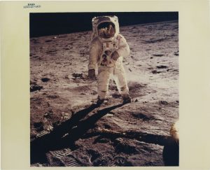 NASA · Apollo XI · Neil Armstrong, "Buzz Aldrin Stands Beside LM Foot Pad", July 20, 1969, color print on glossy fibre paper, printed in 1969, 18,7 (20,5) x 18 (25,4) cm, © NASA, courtesy Daniel Blau, Munich