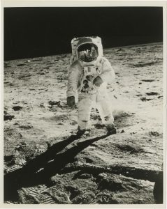 NASA · Apollo XI · Neil Armstrong, "Buzz Aldrin on Lunar Surface", July 20, 1969, silver gelatin print on semi-matte paper, printed in 1969, 24,5 (25,8) x 19,7 (20,6) cm, © NASA, courtesy Daniel Blau, Munich