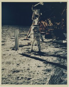 NASA · Apollo XI · Neil Armstrong, "Buzz Aldrin Standing Next to the Solar Wind Composition Experiment", July 20, 1969, color print on Kodak paper, printed in 1969, 24,6 (25,9) x 19,5 (20,5) cm, © NASA, courtesy Daniel Blau, Munich