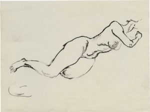 George Grosz (1893 – 1956), "Liegender Akt, seitlich aufgestützt", 1913/14 black ink (reed pen and pen) on paper, 20,8 x 27,9 cm