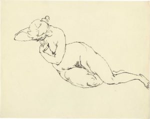 George Grosz (1893 – 1956), "Akt seitlich, mit Kopf auf rechter Hand", 1913/14, ink (reed pen and pen) on paper with watermark: Erclass Schreibmaschinen Papier