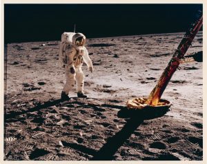 NASA · Apollo XI · Neil Armstrong, "Buzz Aldring Next to LM 'Eagle' North Foot Pad", July 20, 1969 color print on glossy fibre paper, printed in 1969 19,3 (20,2) x 24,4 (25,4) cm